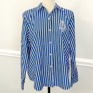 Ralph Lauren Blue & White Striped Button Down Blouse, Embroidered Crest on Bust